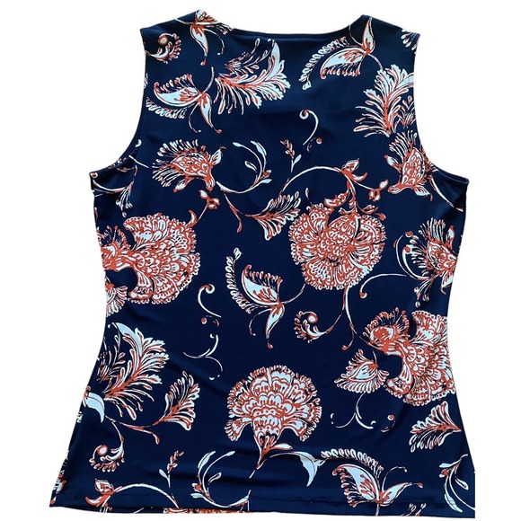 Women’s Tommy Hilfiger Size Large Keyhole Neckline Navy Floral Blouse Sleeveless - Picture 2 of 6